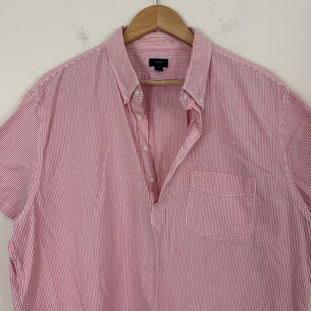 J.Crew Popover Shirt Red White Seersucker Striped Placket Short Sleeve Mens XL